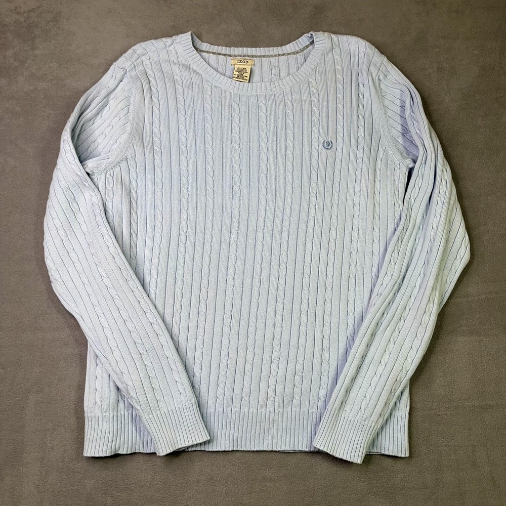 IZOD Cable Knit Pullover Sweater Light Blue Embroidered Logo Preppy Womens XL